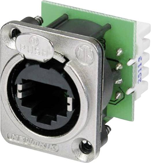 Una presa Neutrik RJ45 da pannello con custodia metallica e circuito stampato verde, utilizzata per connessioni di rete in applicazioni audio.