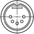 Un diagramma di una spina rotonda con più pin di contatto e un'incisione, probabilmente per un collegamento elettrico.