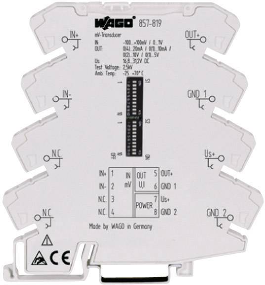 Convertitore di segnale elettrico WAGO, modello 857-819. Mostra specifiche tecniche e diagramma per l'intervallo di corrente di ingresso/uscita.