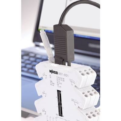 Un dispositivo elettronico bianco con l'etichetta 'WAGO 857-801' è collegato a un laptop. Mostra valori elettrici.