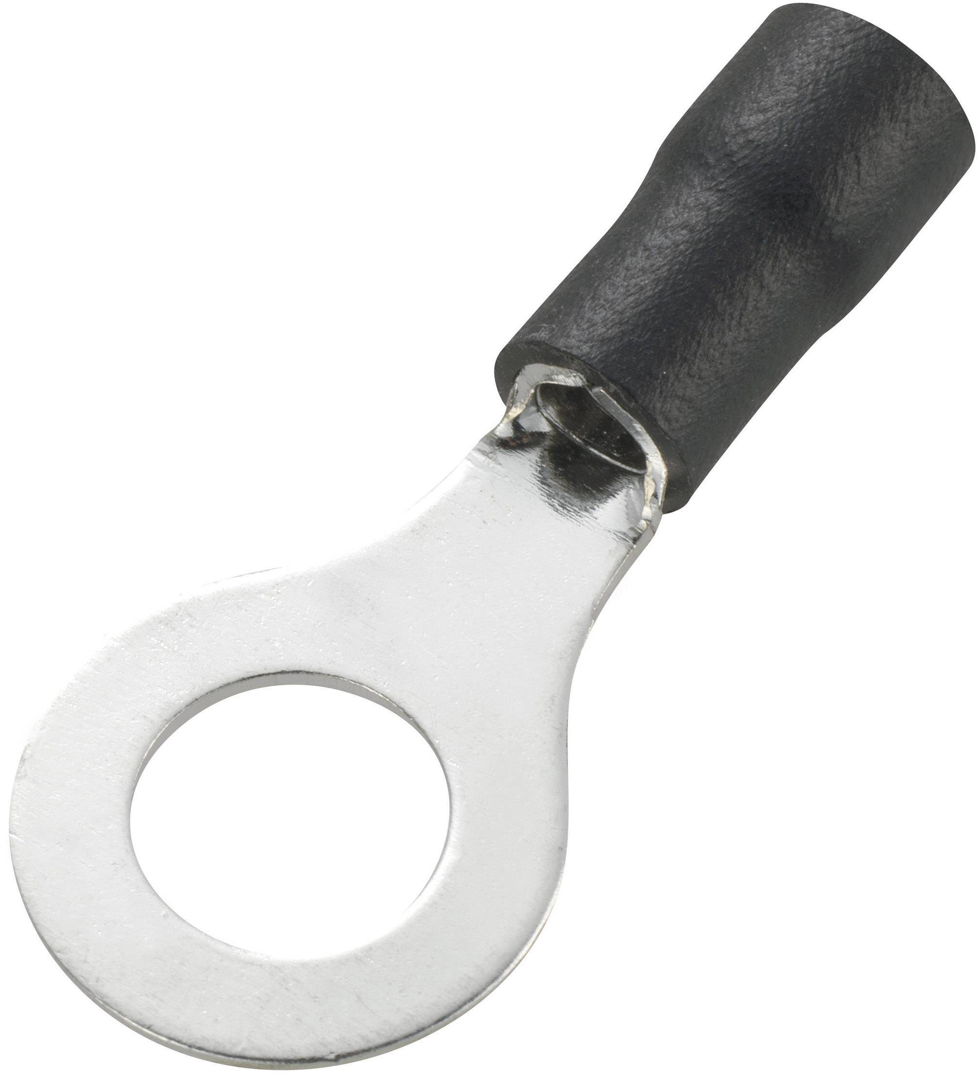 Un capocorda metallico con un occhiello rotondo e isolamento nero. Viene utilizzato per collegare in modo sicuro i cavi.