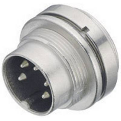 Un connettore circolare argentato con più pin, adatto per connessioni elettroniche.