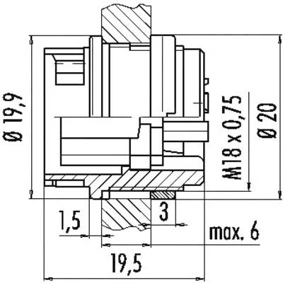 Disegno tecnico di un componente con quote: diametro 19,9 mm, filettatura M18 x 0,75, lunghezza 19,5 mm, altezza massima 6 mm.