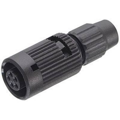Un connettore nero a forma di cilindro con più contatti. Utilizzato per connessioni elettriche in dispositivi o cavi.