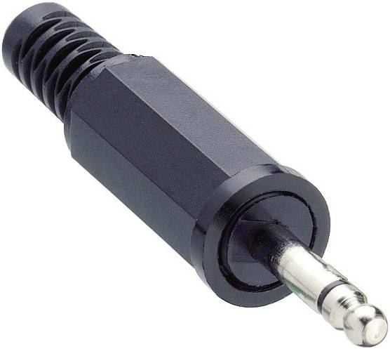 Primo piano di un connettore jack da 3,5 mm con involucro in plastica nera e punta in metallo, adatto per connessioni di cavi audio.