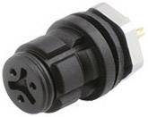 Presa con involucro nero rotondo e tre fori di connessione, idonea per il montaggio in dispositivi elettronici.