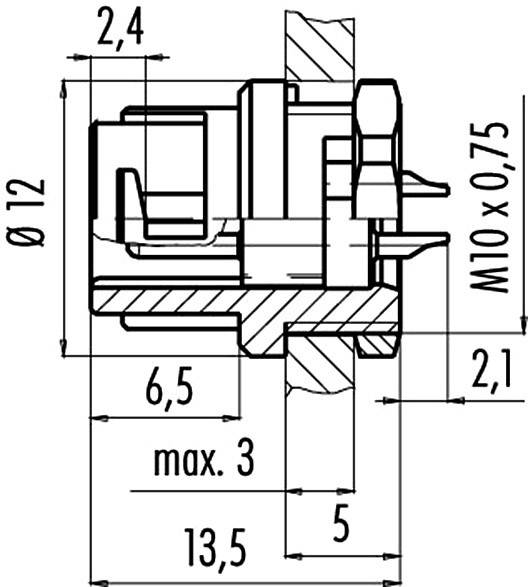 Disegno tecnico di un componente con quote: diametro 12, altezza 6,5, lunghezza 13,5, massimo 3 mm, filettatura M10×0,75.