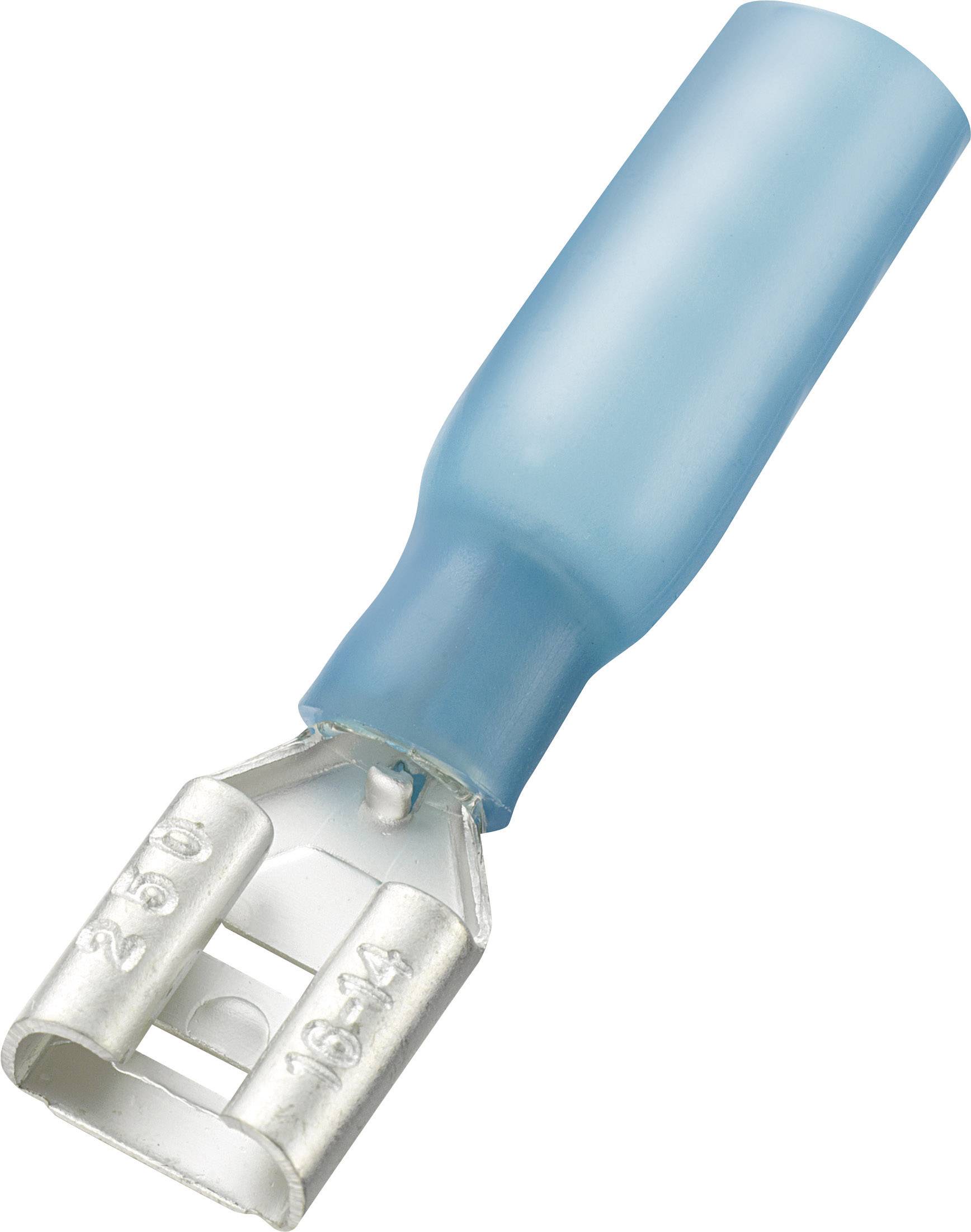 Un connettore maschio piatto isolato blu in metallo. Utilizzato per connessioni elettriche.