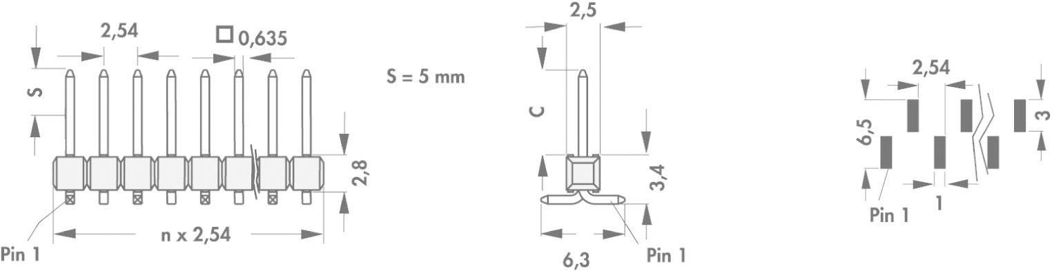 Disegno tecnico di un connettore, mostra le dimensioni dei pin: passo di 2,54 mm, altezza di 3,4 mm; illustrato a scopo di montaggio.