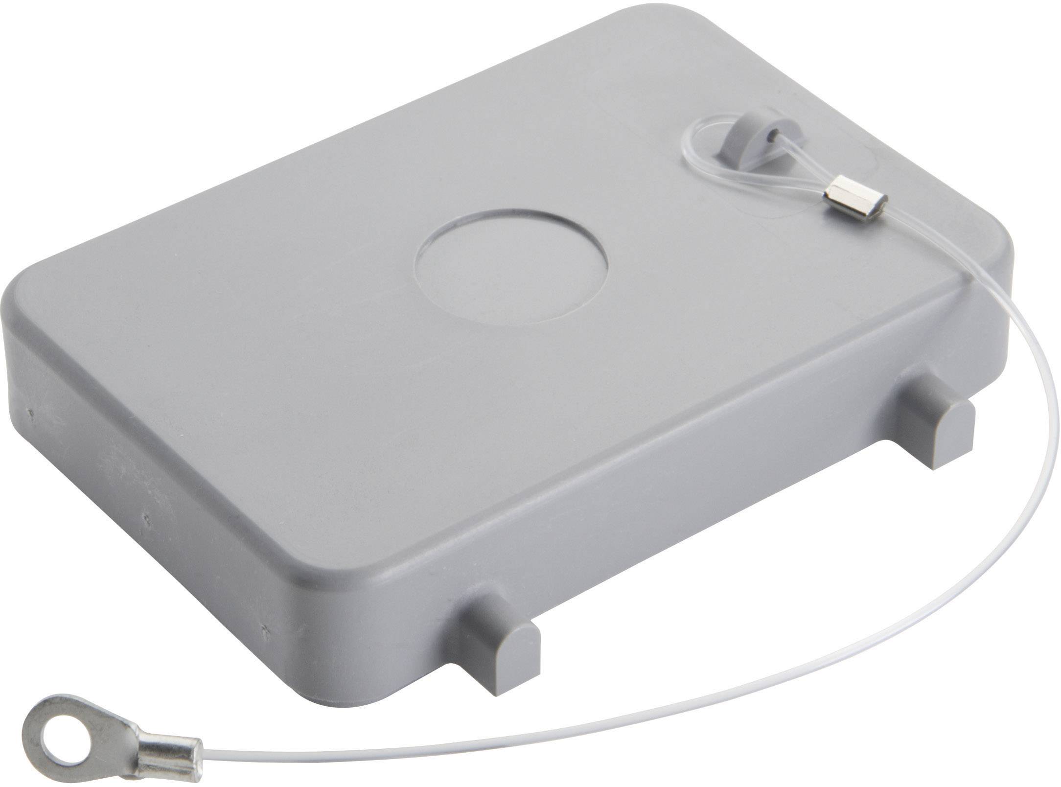 Contenitore rettangolare grigio con dispositivo di sicurezza per cavi nell'angolo superiore. Funzione o utilizzo dell'oggetto non specificato.
