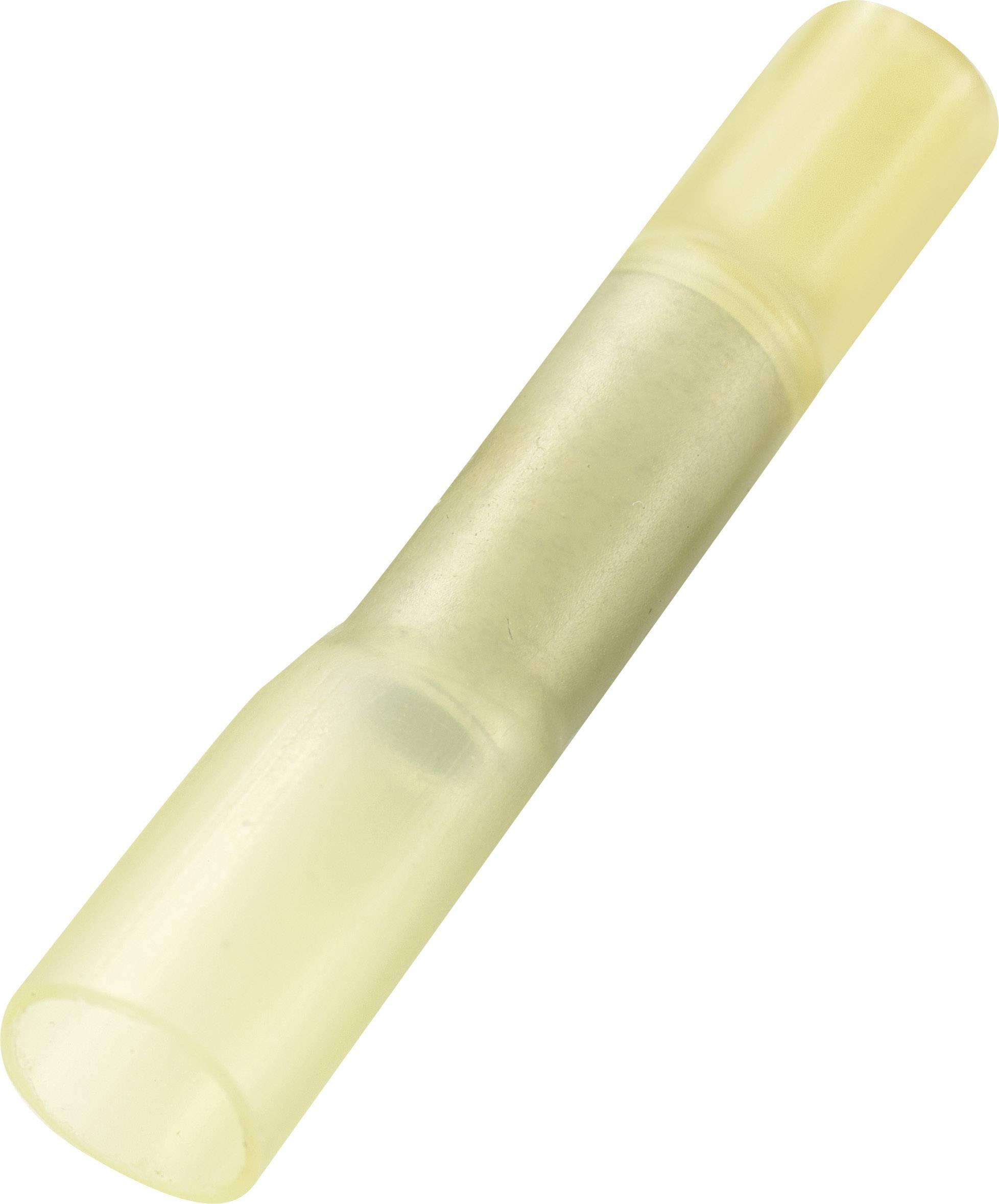 Connettore a crimpare giallo in plastica con parte centrale trasparente per il collegamento e l'isolamento dei cavi.