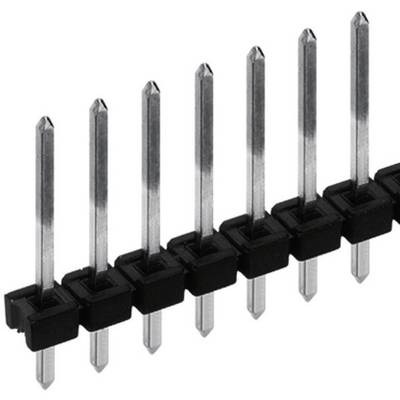 Striscia di pin con più pin metallici su base in plastica nera, elemento di connessione tipico dei dispositivi elettronici.