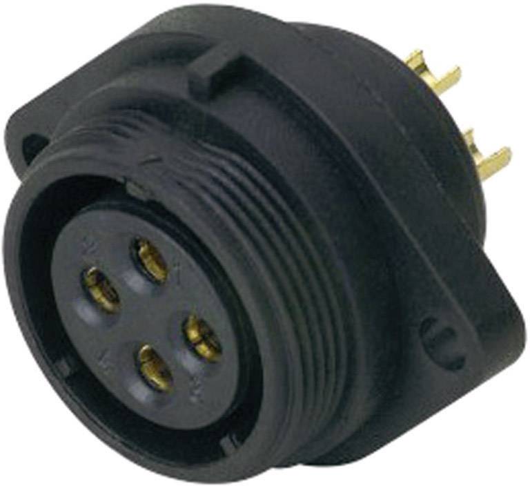 Spina elettrica rotonda nera con quattro piedini di contatto dorati, raffigurata di lato.