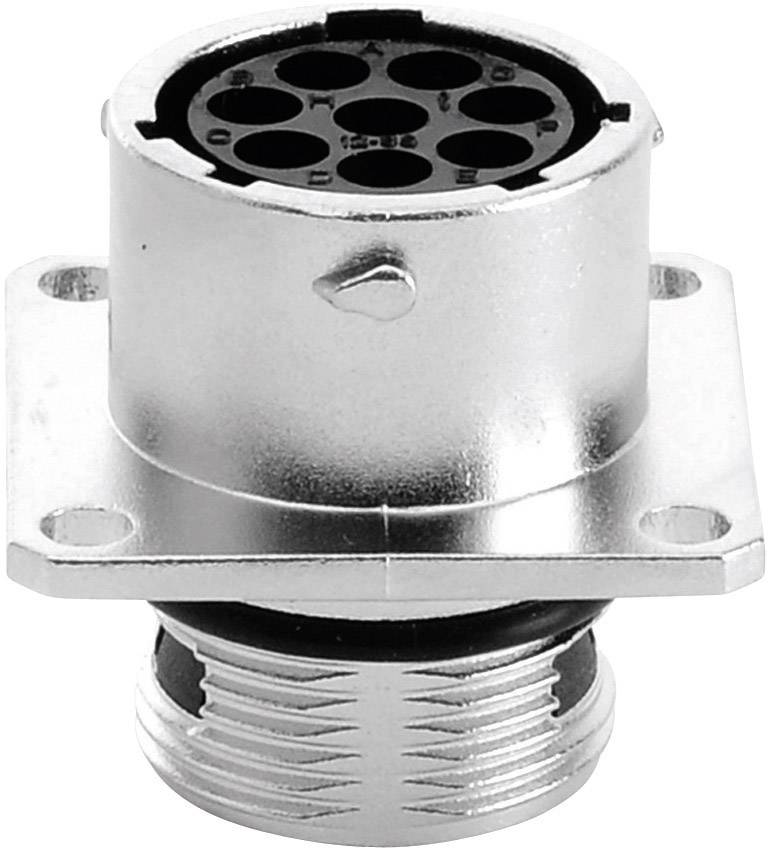 Un connettore elettronico cilindrico argentato con più spinotti circolari, adatto per connessioni elettriche.