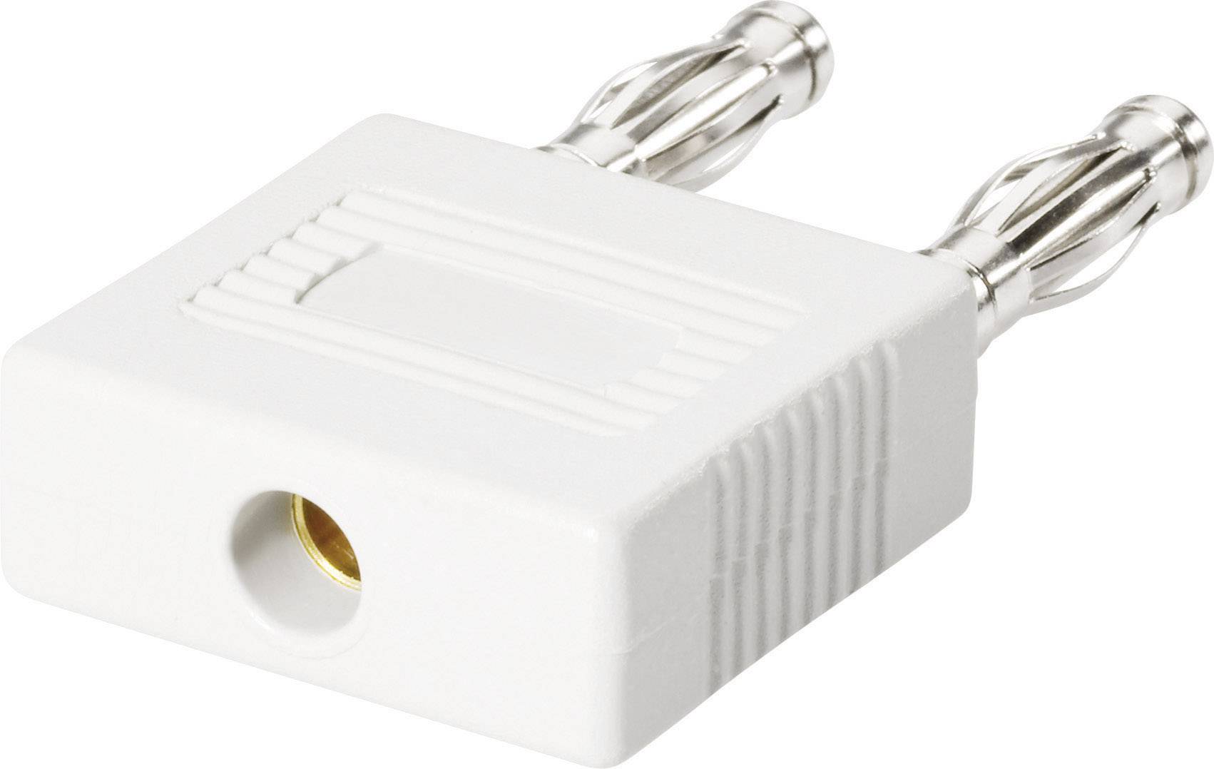 Un adattatore bianco con due spinotti metallici e un jack per collegare cavi audio.