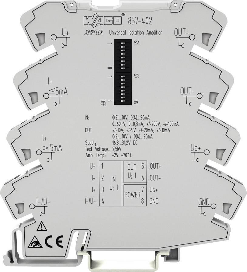 Amplificatore di isolamento WAGO con numero di modello 857-402, mostra ingressi e uscite, parametri operativi e marcatura CE.
