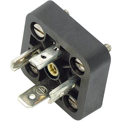 Adattatore nero, quadrato, con tre contatti metallici, idoneo per connessioni elettriche.