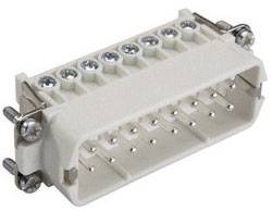 Un connettore bianco con più contatti a pin e fissaggi a vite sui lati, idoneo per connessioni elettriche.