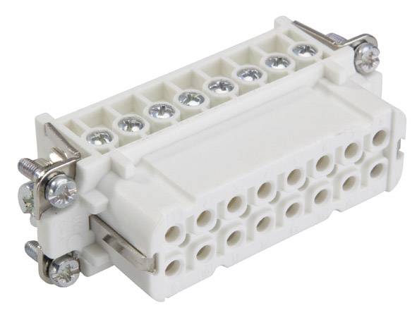 Un connettore elettrico rettangolare bianco con più morsetti a vite e staffe metalliche per il fissaggio.