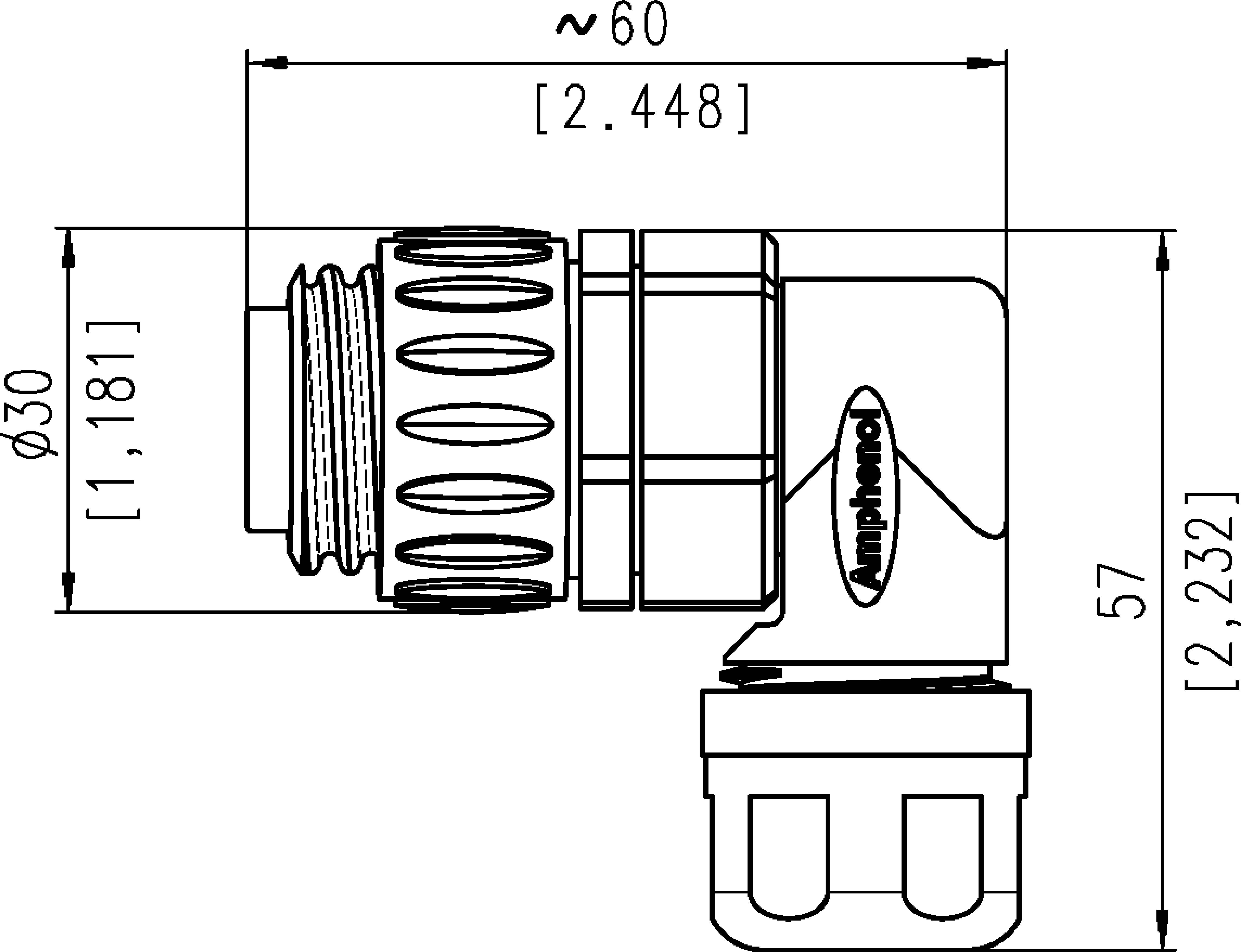 Disegno tecnico di un connettore ad angolo con indicazioni dimensionali: lunghezza ca. 60 mm, diametro ca. 30 mm, altezza 57 mm. Marcatura: 'Amphenol'.