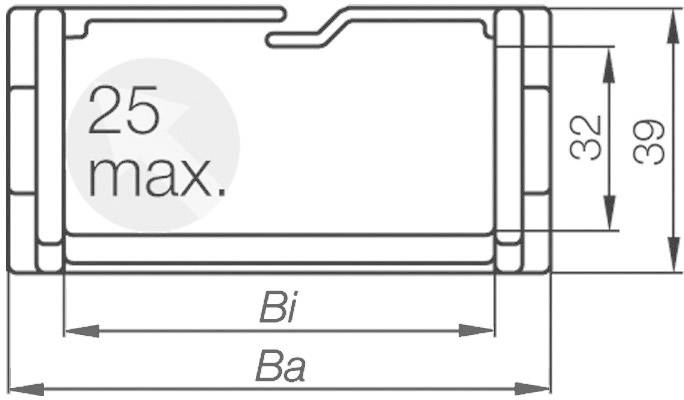 Disegno tecnico di un oggetto cilindrico con indicazioni di larghezza: Bi e Ba. La larghezza massima è 25. Dimensioni: 39 e 32.