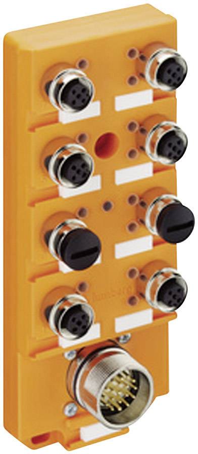 Modulo di connessione arancione-giallo con sette connettori circolari, di cui uno più grande in basso, per cablaggio industriale.