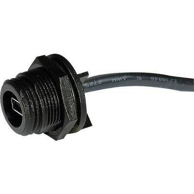 Primo piano di un connettore femmina Mini USB-B nero con cavo, idoneo per connessioni di dispositivi elettronici.