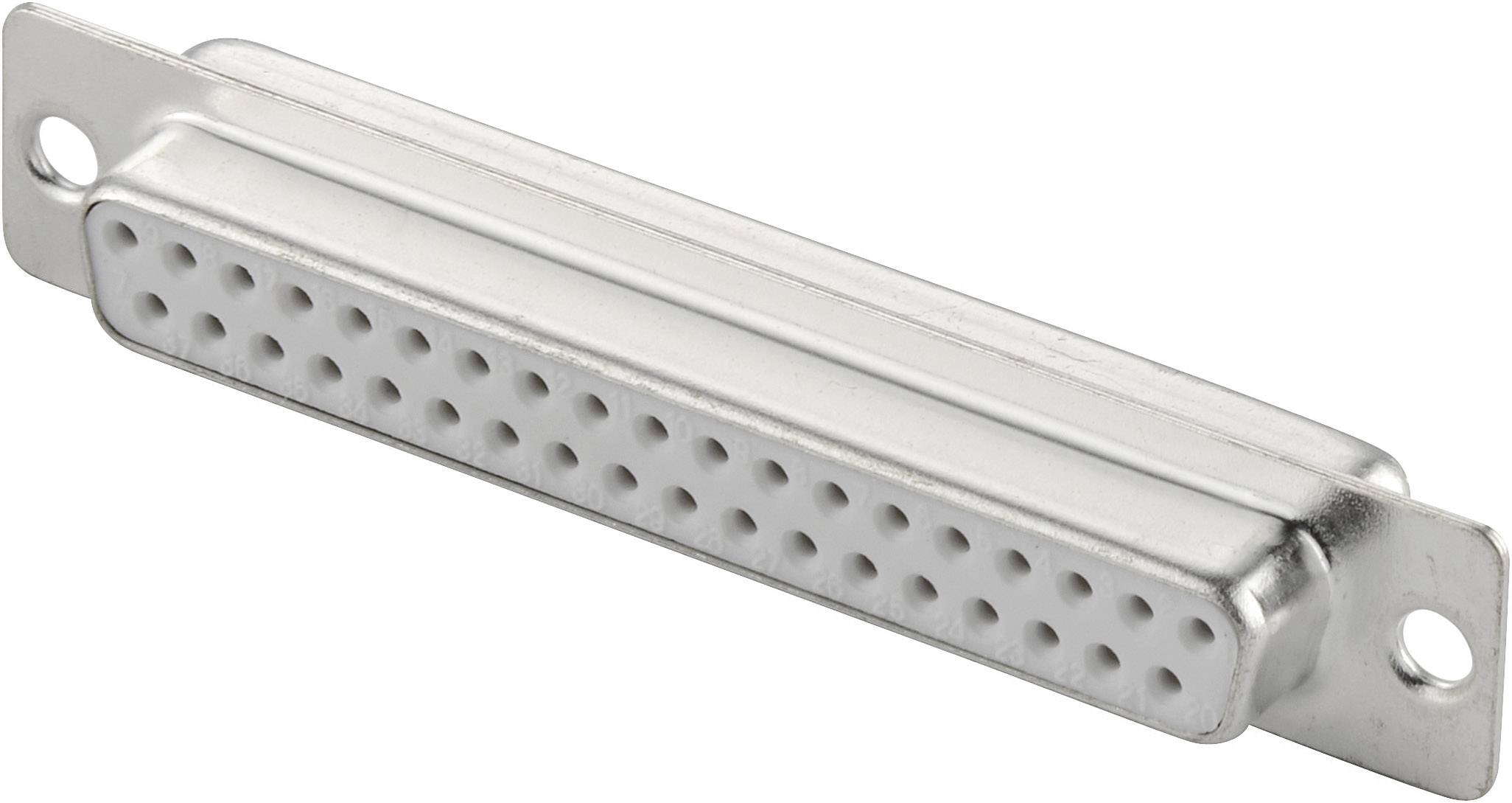 Un connettore D-Sub argentato a 25 pin, tipico per connessioni informatiche o di telecomunicazione, realizzato in metallo.