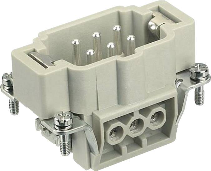 Un connettore elettrico rettangolare in plastica grigia con più piedini metallici e due fissaggi laterali a vite.