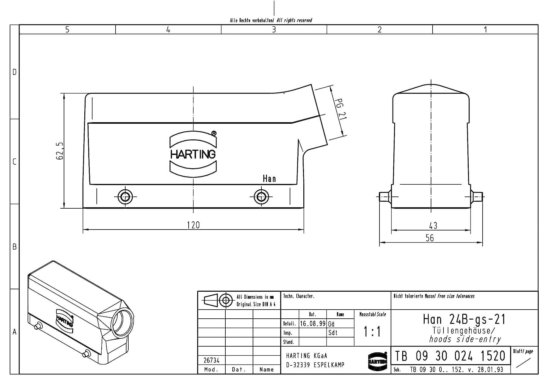 Disegno tecnico di un alloggiamento Harting Han 24B-gs-21. Dettagli relativi alle dimensioni (62,5 mm, 166 mm), specifiche dei materiali e informazioni di produzione.