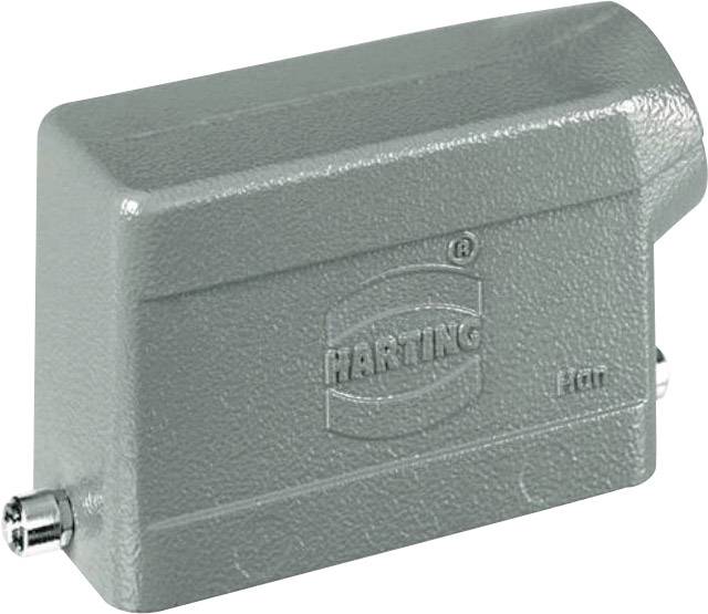 Coperchio grigio rettangolare per connettore elettrico con logo Harting sulla superficie.