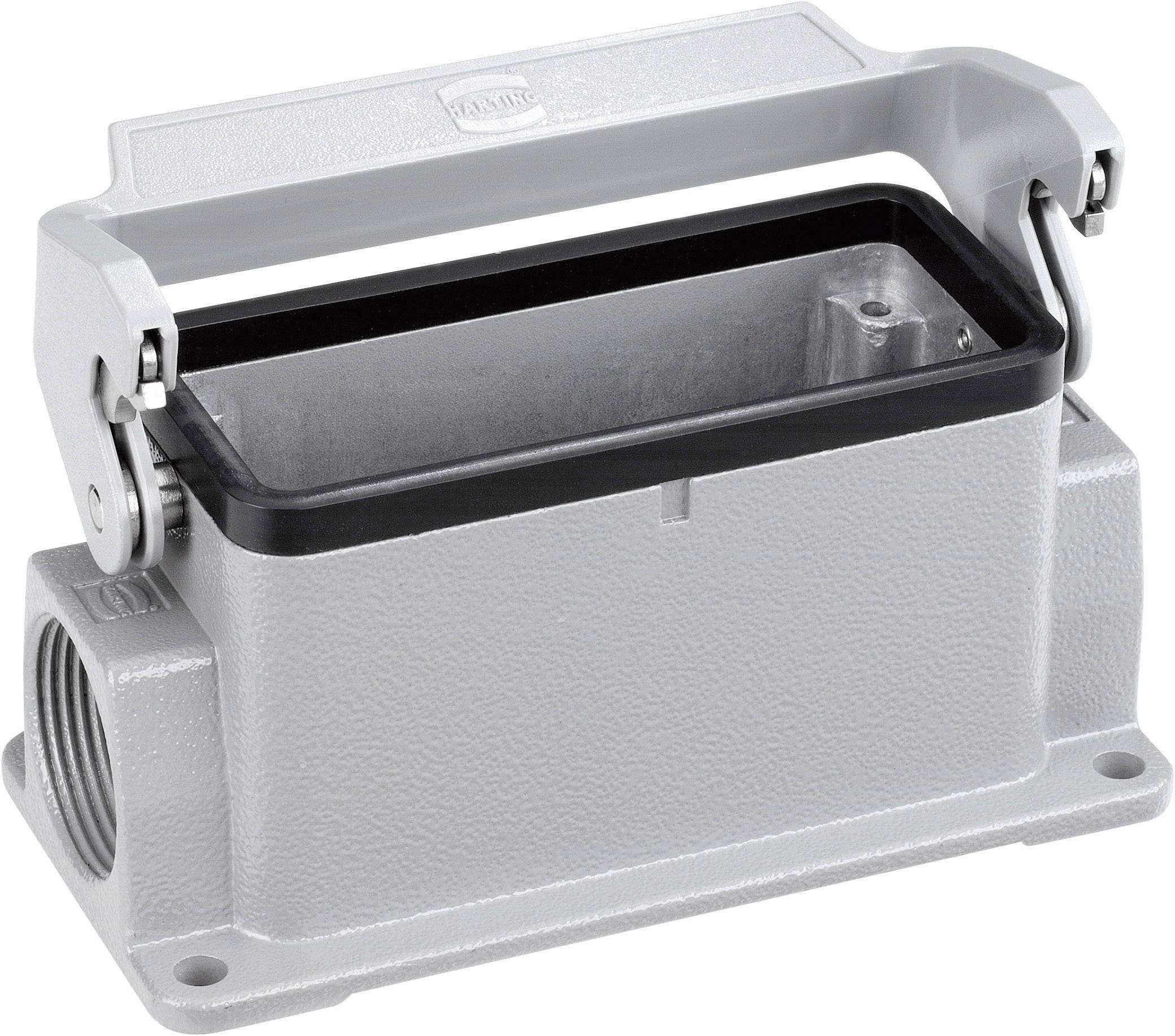 Contenitore elettrico rettangolare grigio in metallo con coperchio aperto e impugnatura laterale, adatto per applicazioni industriali.