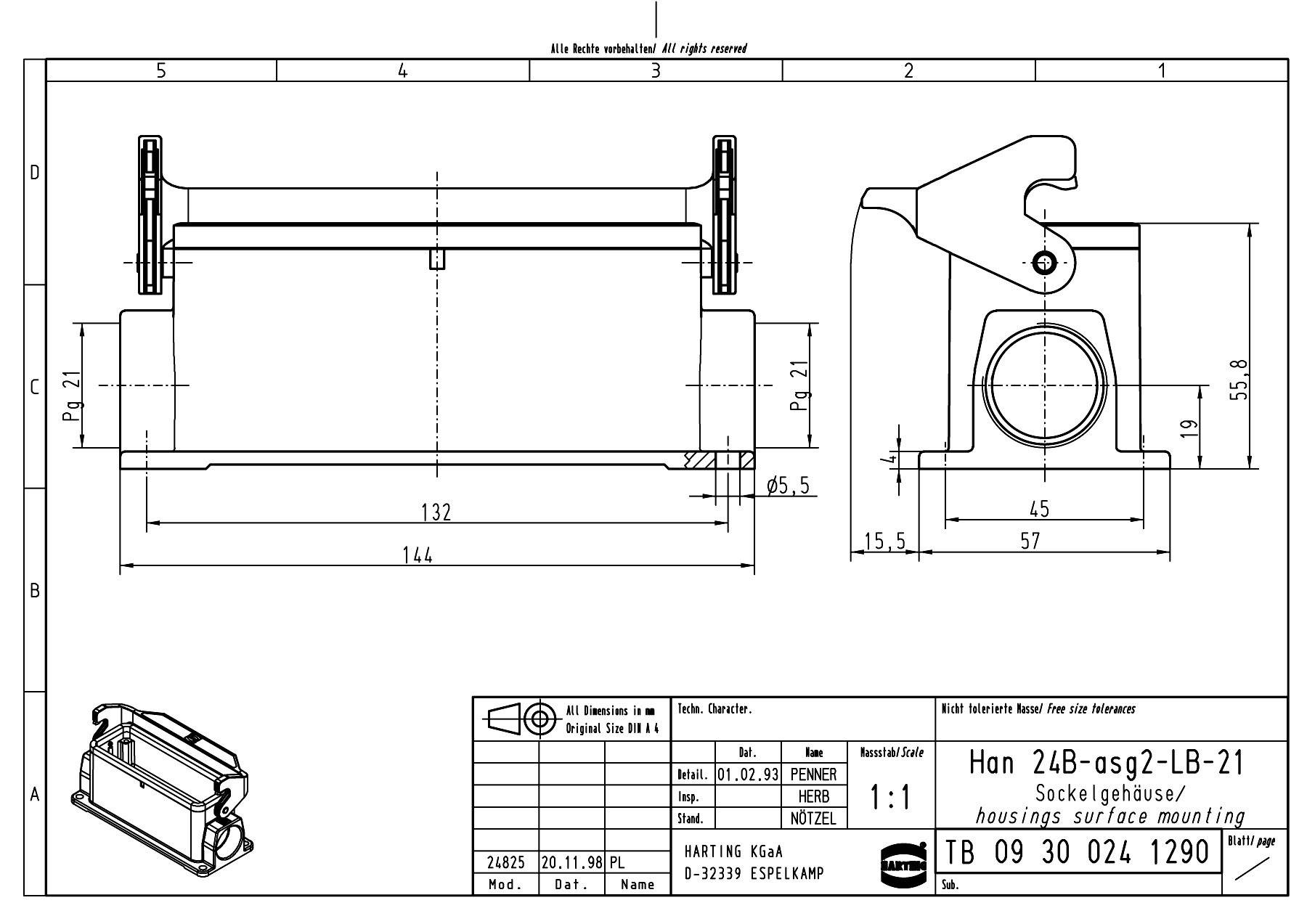 Disegno tecnico di una spina elettrica con misure e etichette dettagliate. In alto: vista laterale, In basso: vista dall'alto.