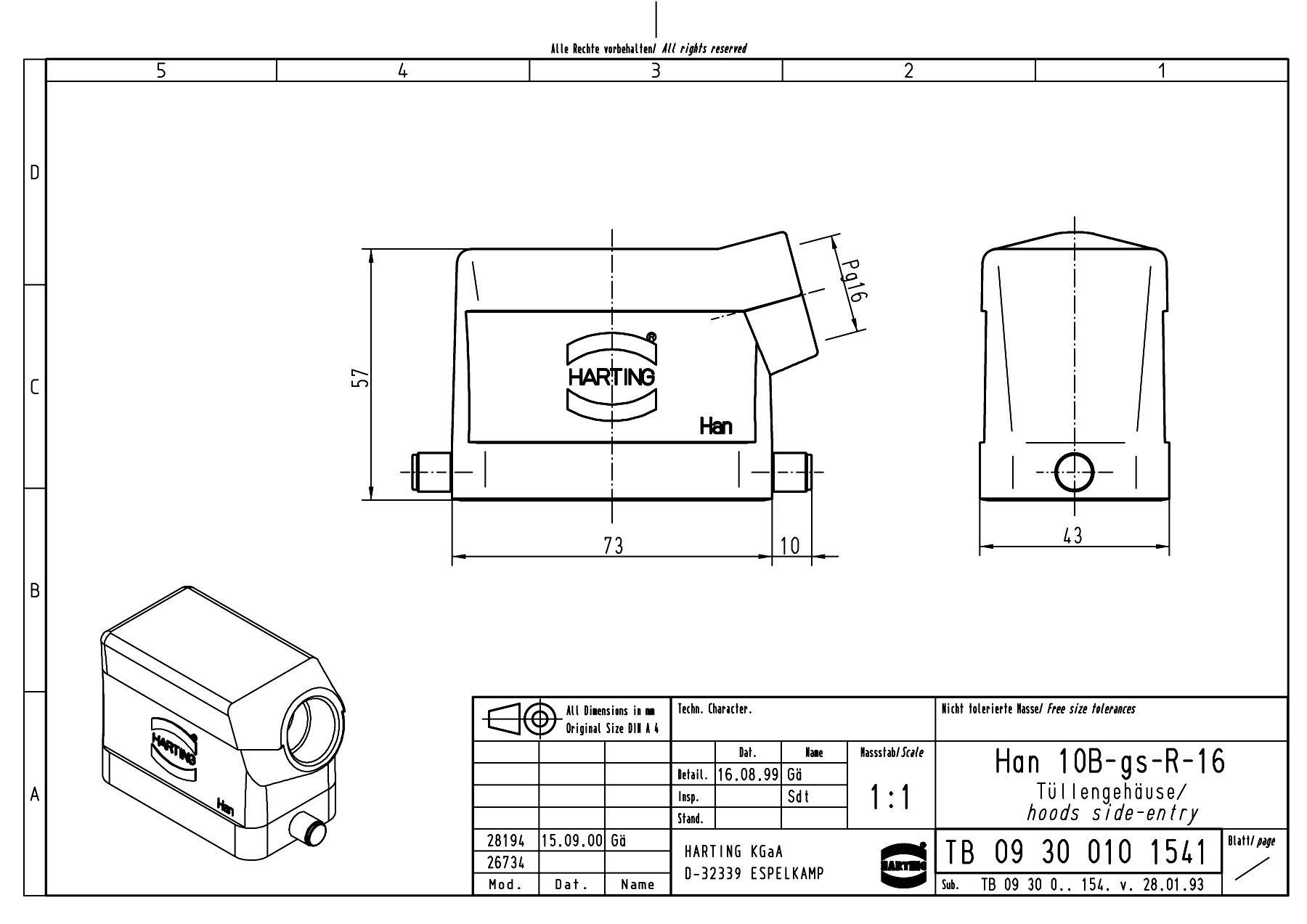 Disegno tecnico di un connettore HARTING, modello Han 10B-gs-R-16. Mostra le viste frontale, laterale e dall'alto con quote dimensionali.