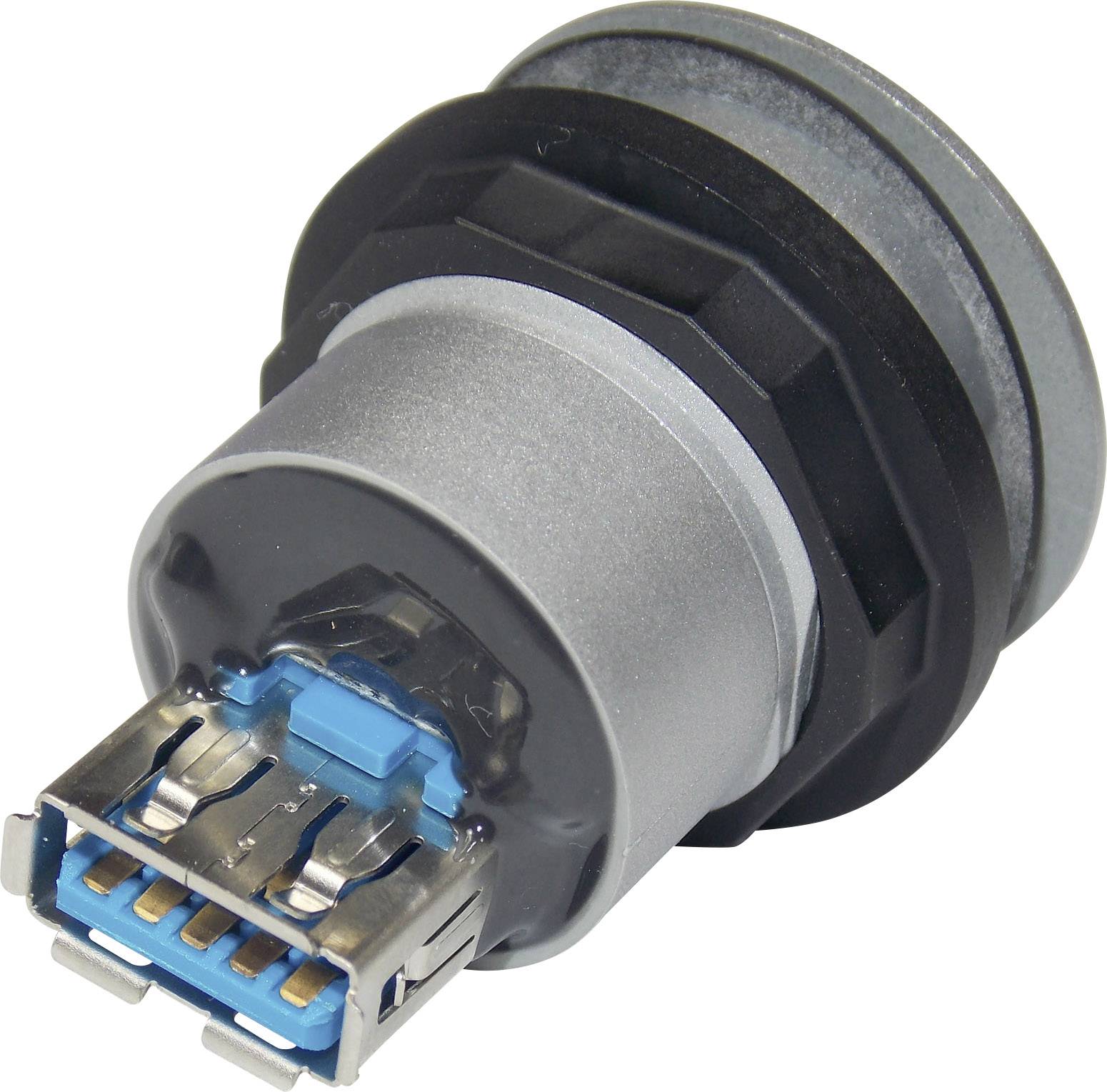 Spina USB con copertura blu in plastica e connettori metallici, ripresa lateralmente.