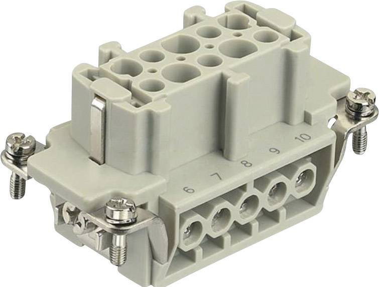 Connettore: Connettore elettrico grigio con dieci morsetti numerati e due viti per il fissaggio.
