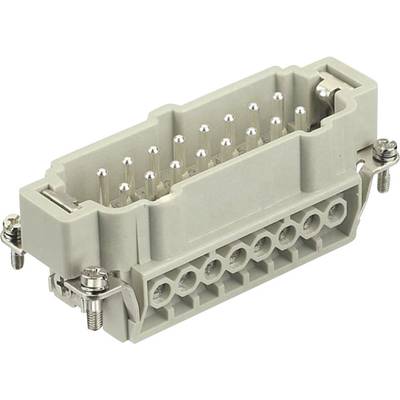 Un connettore industriale grigio, rettangolare, con più spinotti di collegamento e morsetti laterali a vite per il fissaggio e la messa in sicurezza.