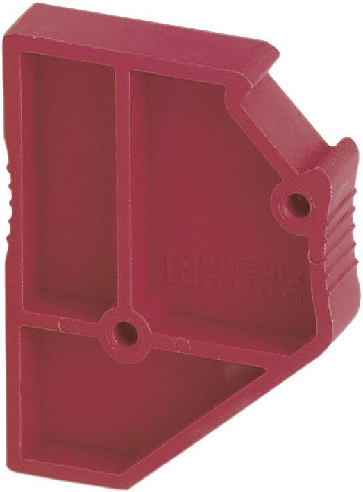 Piastrina terminale rossa per morsetti a blocco, forma rettangolare con angolo smussato, marchio 'Phoenix Contact' stampigliato.