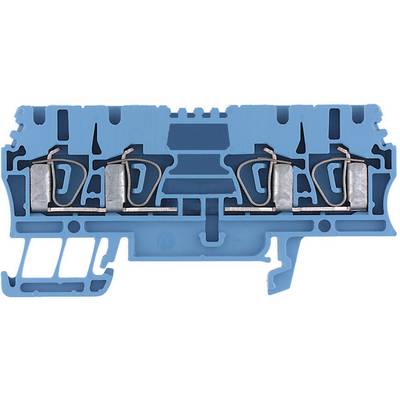 Un connettore elettrico blu con più contatti metallici e connessioni in rame. Mostra un taglio trasversale della sua struttura interna.