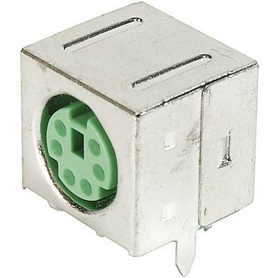 Un connettore Mini-DIN argentato con un cerchio interno verde e cinque pin, tipicamente utilizzato per connessioni di tastiera o mouse.