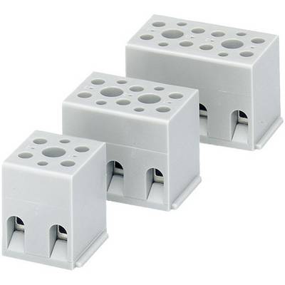 Tre blocchi terminali elettrici grigi e rettangolari di dimensioni diverse, utilizzati per connessioni elettriche.