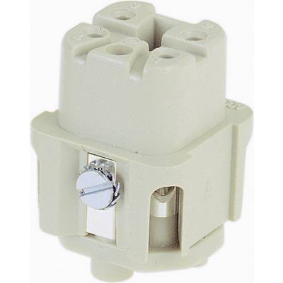 Morsetto di connessione in beige con tre punti di connessione superiori e vite laterale per il fissaggio del filo.
