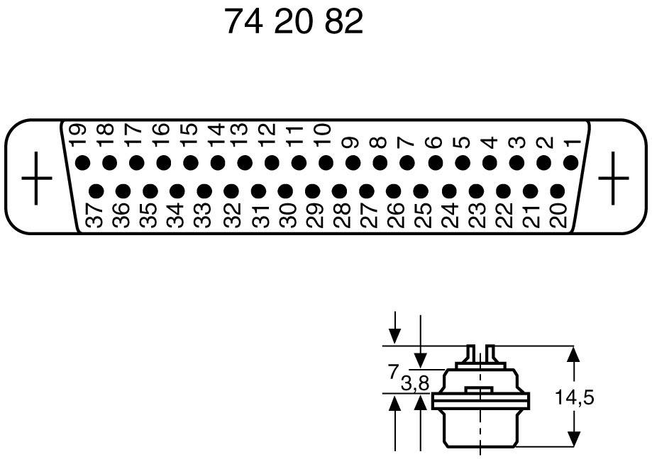 Diagramma del connettore con 37 pin numerati, con segni più e meno sui lati. Dimensioni: larghezza 37,8 mm, altezza 14,5 mm.