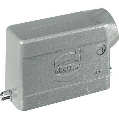 Involucro elettrico grigio rettangolare con la scritta 'Harting', affiancato da due piccoli attacchi a vite.
