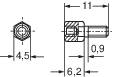 Disegno tecnico di un bullone a testa esagonale. Dimensioni: 4,5 mm, 6,2 mm, 0,9 mm e 11 mm. Vista laterale e vista dall'alto.