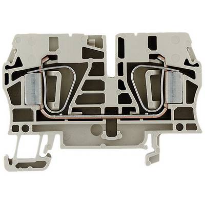 Un blocco morsettiera grigio in plastica con inserti metallici per il fissaggio di conduttori elettrici in un quadro elettrico.