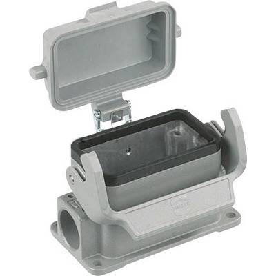 Custodia rettangolare grigio-antracite con coperchio aperto e connessione laterale per cavi. Adatta per applicazioni industriali.
