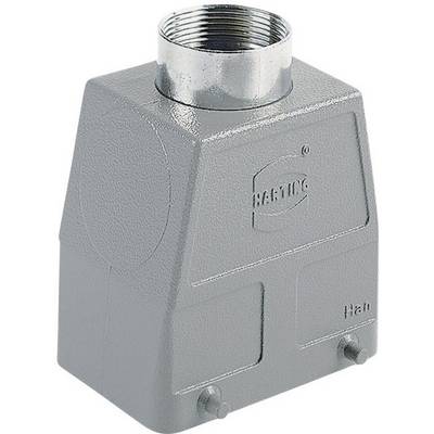 Un involucro grigio rettangolare per connettore industriale con filettatura metallica in alto. Sul corpo è riconoscibile il marchio 'HARTING'.