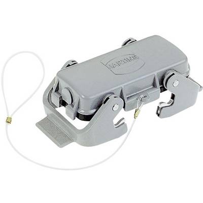Connettore HARTING grigio-argento con alloggiamento metallico, connessione per cavo e meccanismo di bloccaggio, idoneo per applicazioni industriali.