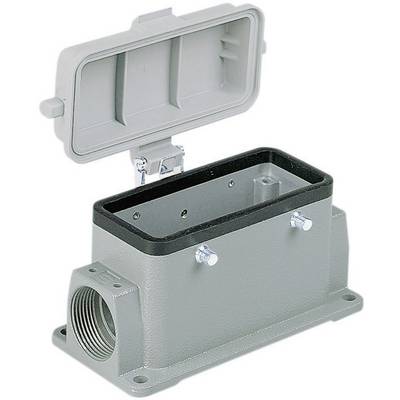 Un contenitore metallico rettangolare grigio con coperchio aperto. Presenta viti laterali per il fissaggio in dispositivi elettronici.